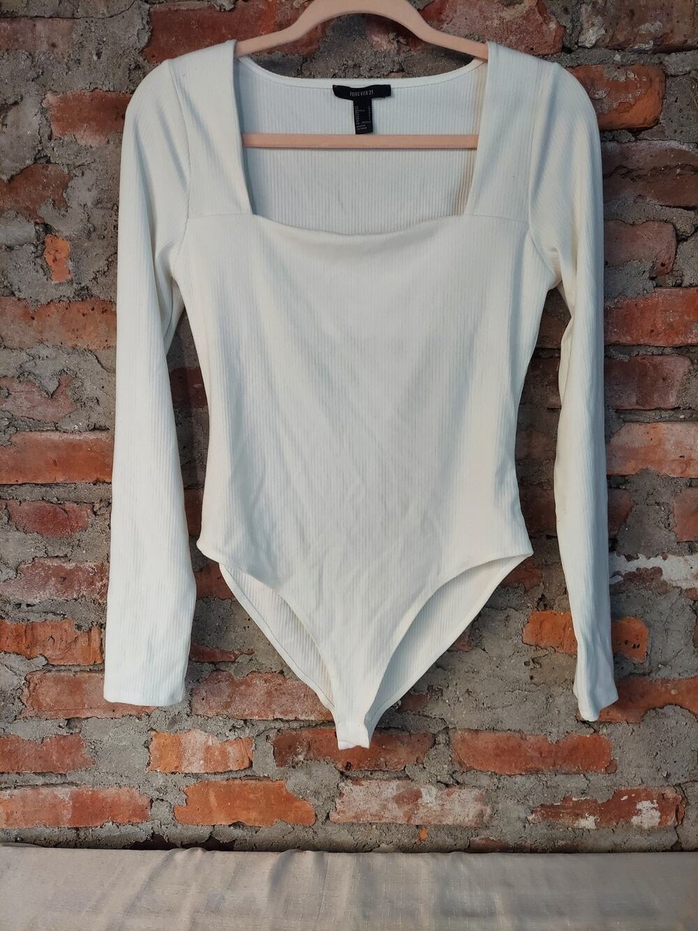 Forever 21 Womens Bodysuit L White Square Neck Long Sleeve Ribbed Knit Stretch